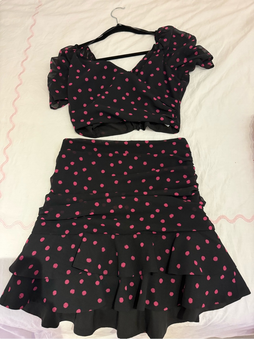 Black & Pink Polka Dot Ruffle Skirt and matching top - dynamite